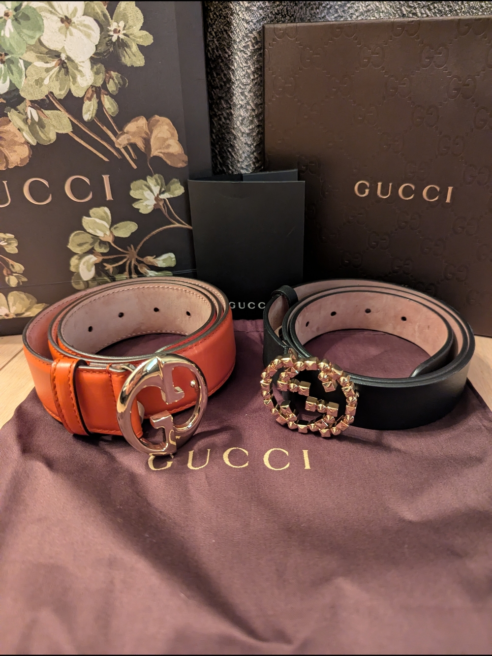 Gucci Double G Buckle Belt Duo - Orange & Black Leather
